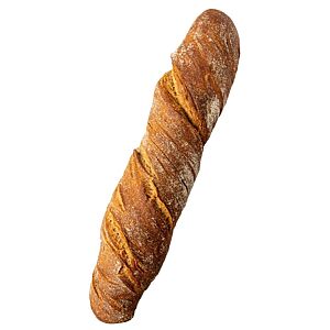 Das in sich verdrehte Wurzelbrot hat eine kräftig ausgebackene Kruste mit leichten Mehlspuren auf der Oberfläche.