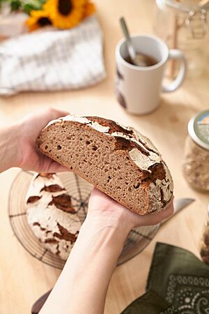 Die lockere, braun gefärbte Krume des halbierten Roggenbrotes ist umgeben von einer rustikalen, stark bemehlten Kruste.