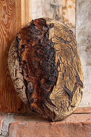 Das Sylter Weißbrot 2.0 mit sehr dunkel ausgebackener, bemehlter Kruste lehnt aufrecht an einer Holzwand.