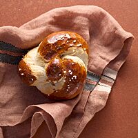 Der goldbraun ausgebackene Laugenknopf mit kleiner Kugel mittig oben auf dem Knoten ist an den hellen Übergängen des gewickelten Strangs faserig aufgerissen.
